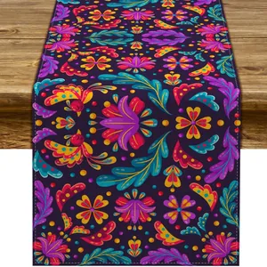 Vibrant Mexican Day of the Dead floral folk art linen table runner for home party decor