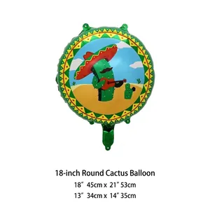 Detailed view of 18-inch Mexican theme round foil balloon with cartoon cactus playing guitar