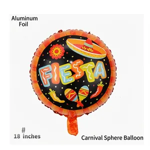 18 inch round Mexican Fiesta foil balloon with festive sombrero and maraca graphics