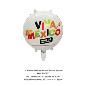 18-inch Viva Mexico round foil balloon featuring flat and inflated size specifications