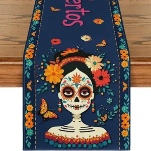 Day of the Dead table runner with colorful skull and floral print on linen fabric
