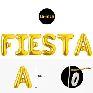 16-inch golden FIESTA foil balloon set includes straw and ribbon for party decor