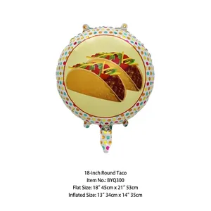 Detail view of 18 inch round taco theme foil balloon with colorful polka dot border