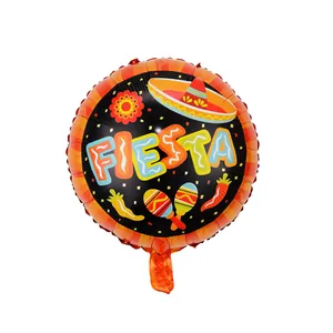 Vibrant round Mexican Fiesta foil balloon with festive sombrero and maracas patterns