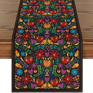 Vibrant Mexican Day of the Dead linen table runner featuring colorful floral folk patterns