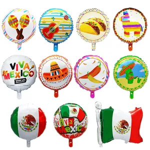 Set of Mexican themed foil balloons including flag taco and piñata for party decor