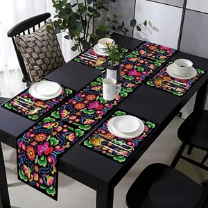 Colorful Mexican floral theme table runner and placemat set for festive dining table