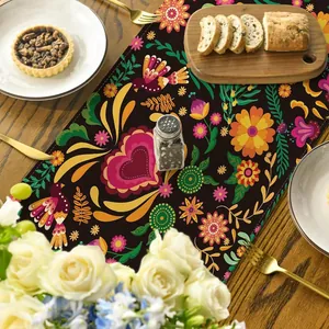 Camino de mesa mexicano Día de los Muertos con vibrantes patrones de arte popular