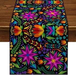 Vibrant Mexican style mandala floral pattern linen table runner for ethnic kitchen decor.