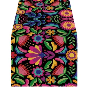 Vibrant Mexican folk art floral print linen table runner for Day of the Dead decor
