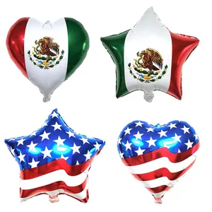 High-quality foil balloons featuring Mexican and USA flag designs in star and heart shapes.