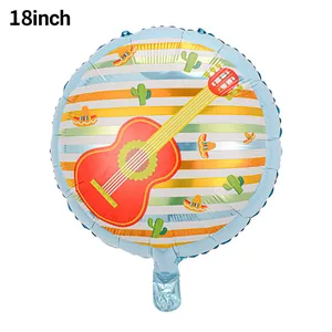 Detailed view of 18 inch Mexican fiesta foil balloon with guitar and cactus patterns