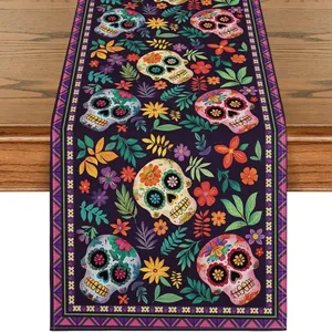 Mexican Day of the Dead table runner with vibrant sugar skull and floral prints.