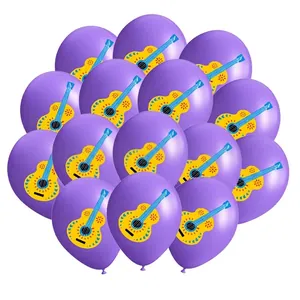 Close-up of purple latex balloons featuring colorful cartoon guitar prints