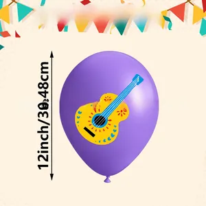 Macro view showing 12-inch purple balloon with guitar print for Cinco de Mayo