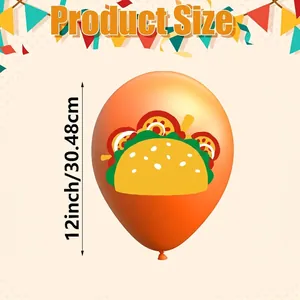 Detail view showing a 12-inch orange taco printed balloon for Cinco de Mayo decor