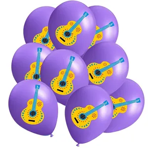 Purple latex balloons with yellow guitar print for Cinco de Mayo celebrations and parties.