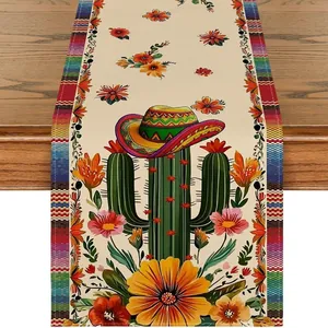 Linen Mexican carnival table runner featuring vibrant cactus and sunflower floral prints
