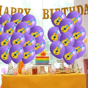 Detailed view of purple party balloons featuring colorful guitar prints for decorations