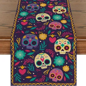 Vibrant Day of the Dead table runner featuring colorful sugar skull and floral patterns