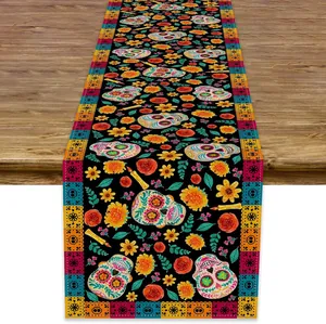 Day of the Dead festive table runner with vibrant sugar skull and floral patterns