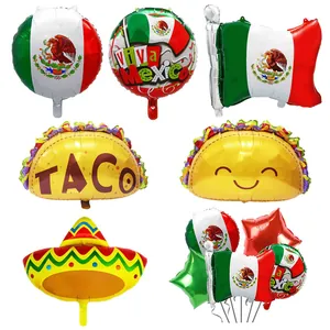 Detailed view of Mexican themed party foil balloons including taco and sombrero shapes
