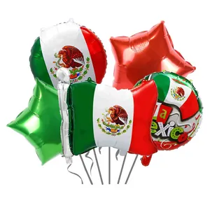 Detail of Mexican party balloon set including flag, star, and circular foil designs