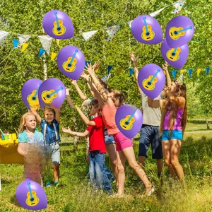 Purple latex balloons with cartoon guitar print for Cinco de Mayo celebrations