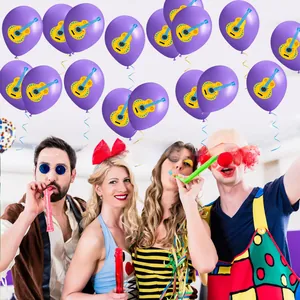 Vibrant purple latex balloons with cartoon guitar prints for children festival party decorations