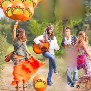 Colorful taco printed orange latex balloons for Mexican Cinco de Mayo festive party decorations.