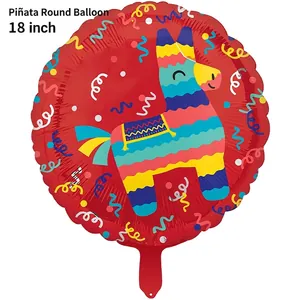 Detail of 18 inch red foil balloon featuring a colorful Mexican piñata donkey design