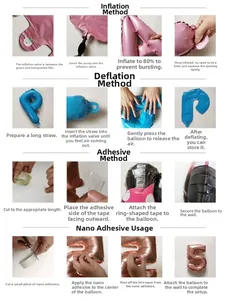 Instructional detail showing the inflation, deflation and sticking methods for foil balloons.