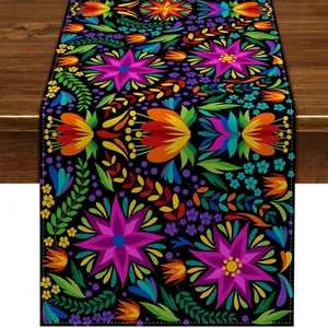 Floral Mexican Day of the Dead table runner with vibrant patterns for festive decor