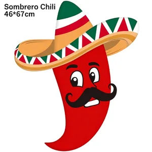 Close-up of a festive red chili pepper balloon wearing a sombrero and a mustache