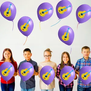 Festive group of children holding purple Cinco de Mayo balloons with guitar print detail