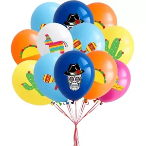 Colorful 12-inch Dia de los Muertos latex balloons with Mexican sugar skull and taco designs
