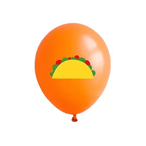 Orange latex balloon featuring a colorful taco graphic print for themed festival party decoration