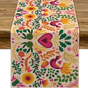 Vibrant Mexican Fiesta linen table runner featuring colorful folk art bird and flower patterns