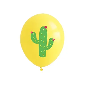 Close-up of yellow 12-inch latex balloon with cactus print for party decoration