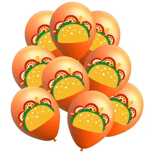 Orange Mexican Cinco de Mayo party balloons with vibrant cartoon taco print pattern