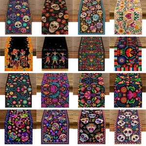 Camino de Mesa Mexicano Día de los Muertos Calavera de Azúcar Patrón Floral Poliéster Mantel para Halloween Decoración del Hogar