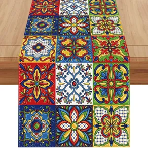 Colorful Mexican Fiesta table runner with linen texture and Talavera tile print