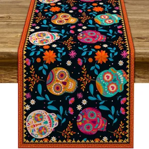 Mexican Day of the Dead table runner featuring colorful sugar skulls and floral prints