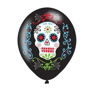 Festive black Day of the Dead latex balloon featuring a colorful Mexican sugar skull design