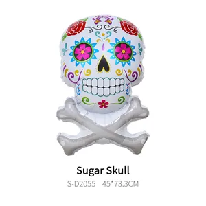 Detailed view of a colorful Sugar Skull foil balloon for Day of the Dead party decor