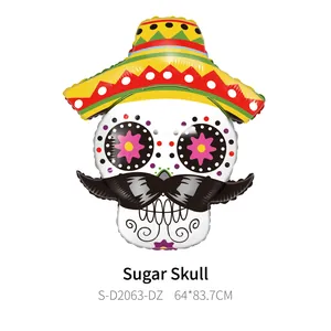 Mexican Day of the Dead sugar skull foil balloon with sombrero for festival party decor