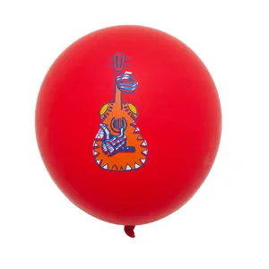 Red latex balloon for Day of the Dead with colorful guitar and skeleton hands design