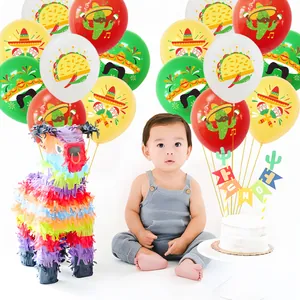 Mexican Fiesta party balloons with colorful cactus and taco prints in a festive setting