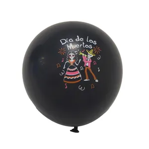 12-inch black latex balloon with printed skeletons for Mexico Day of the Dead decorations