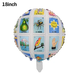 Close-up detail shot of an 18-inch Mexican Lotería bingo card theme round foil balloon